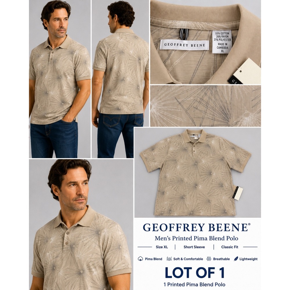 Geoffrey Beene Mens Tan‎ Printed Pima Blend Polo Shirt XL NWT Short Sleeve